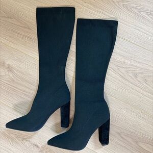 Black Ribbed Knit Sock Boots Block Heel Pointed Toe